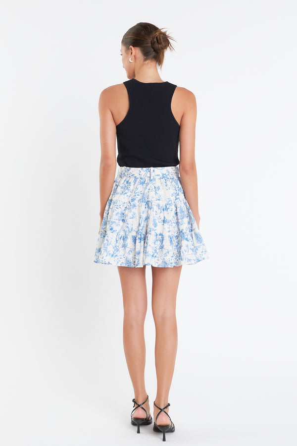 English Factory Digital Print Belted Tiered Mini Skirt BLUE/OFF WHITE