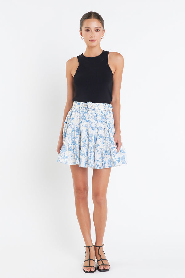 english factory Digital Print Belted Tiered Mini Skirt BLUE/OFF WHITE