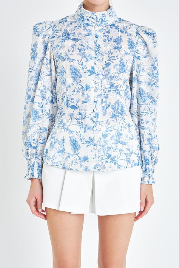 English Factory Digital Print Button Down Blouse BLUE/OFF WHITE
