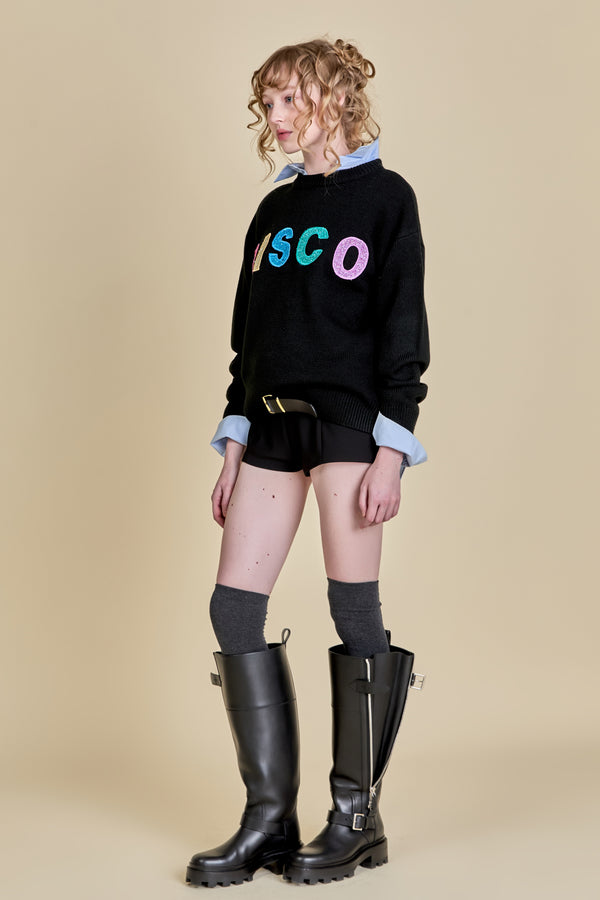 English Factory Disco Glitter Lettering Sweater BLACK