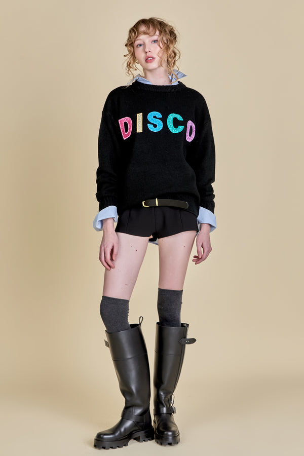 english factory Disco Glitter Lettering Sweater BLACK
