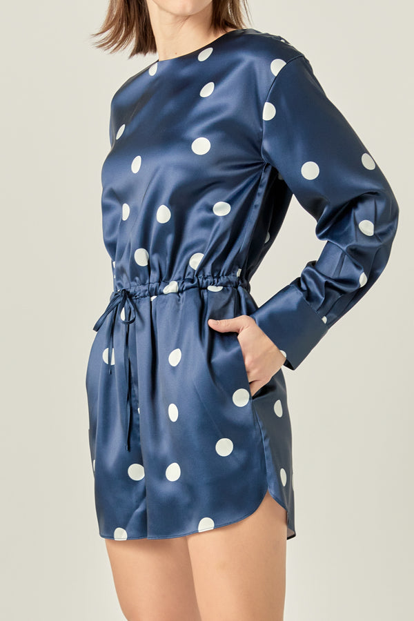 English Factory Dot Printed Satin Romper DARK NAVY/OFF WHITE