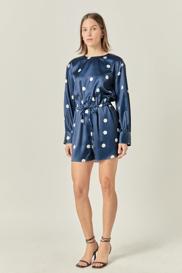 English Factory Dot Printed Satin Romper DARK NAVY/OFF WHITE