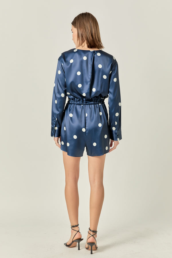 English Factory Dot Printed Satin Romper DARK NAVY/OFF WHITE