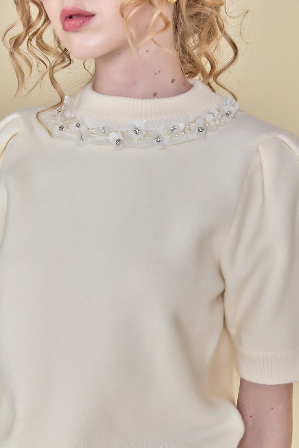 English Factory Embellishment Puff Sleeve Knit OFF WHITE