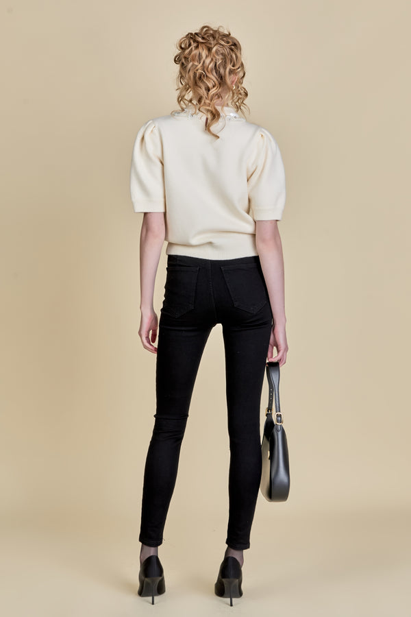 English Factory Embellishment Puff Sleeve Knit OFF WHITE