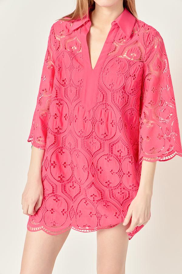 English Factory Embroidered Collar Mini Dress FUCHSIA