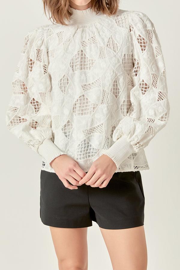 English Factory Embroidered Cotton Blouse With Smocked Neck WHITE