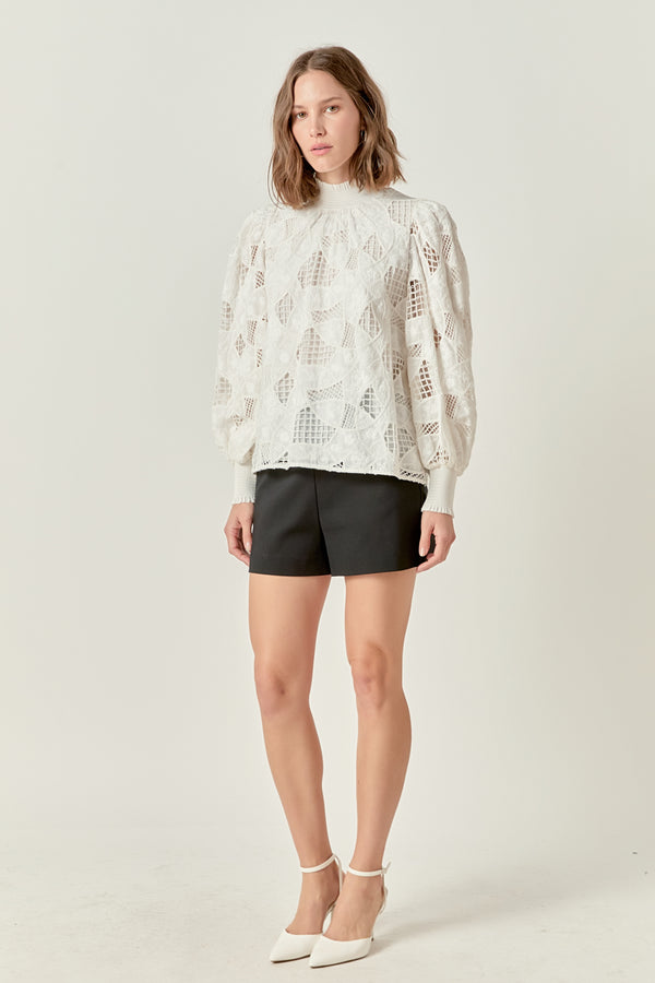 English Factory Embroidered Cotton Blouse With Smocked Neck WHITE