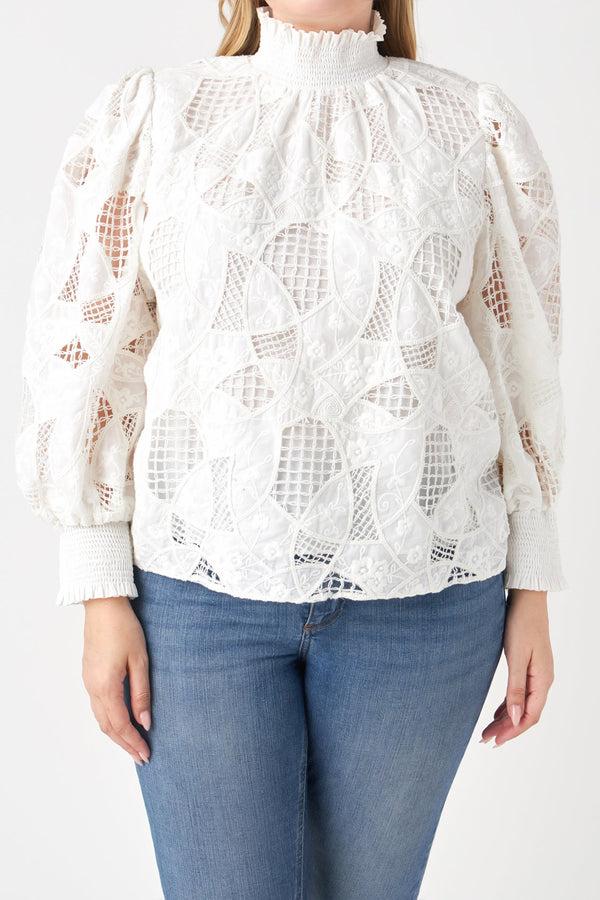 English Factory Embroidered Cotton Blouse With Smocked Neck WHITE