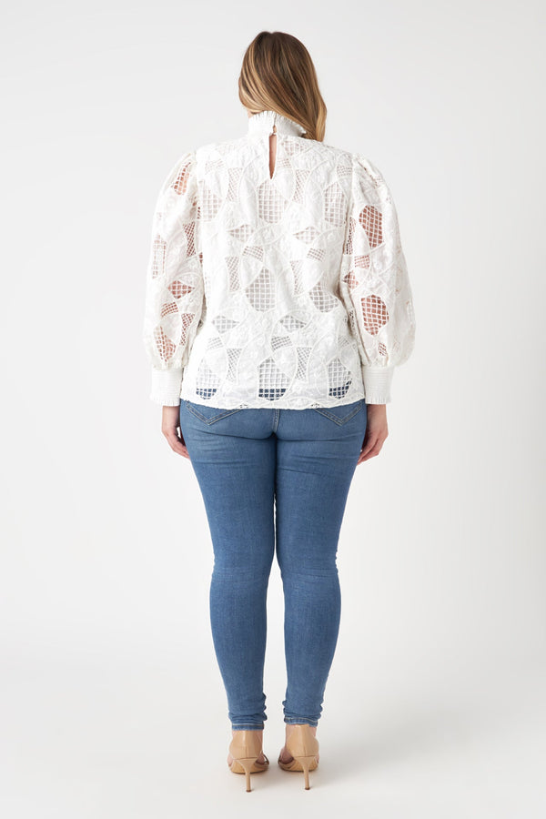 English Factory Embroidered Cotton Blouse With Smocked Neck WHITE