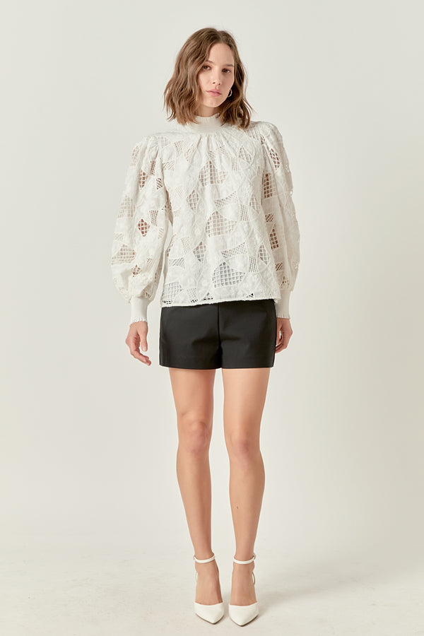 english factory Embroidered Cotton Blouse with Smocked Neck WHITE