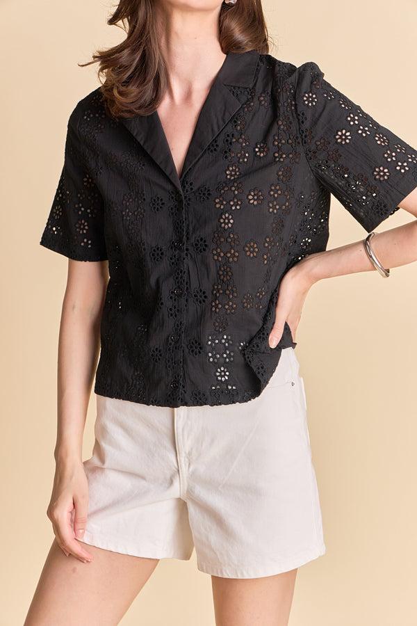 English Factory Embroidered Cotton Camp Shirt BLACK
