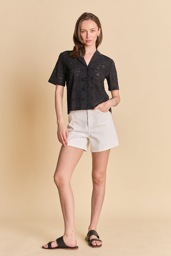 english factory Embroidered Cotton Camp Shirt BLACK