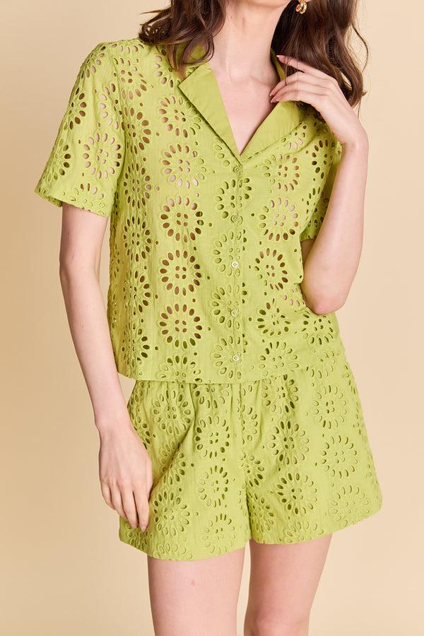 English Factory Embroidered Cotton Camp Shirt GREEN