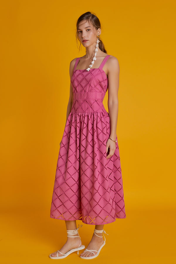 English Factory Embroidered Lace Sleeveless Midi Dress BERRY PINK