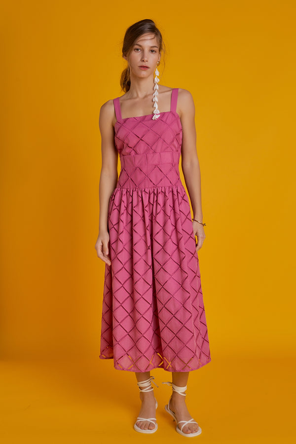 english factory Embroidered Lace Sleeveless Midi Dress BERRY PINK