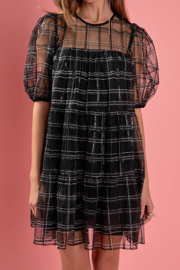 English Factory Embroidered Mesh Puff Sleeve Mini Tiered Dress BLACK