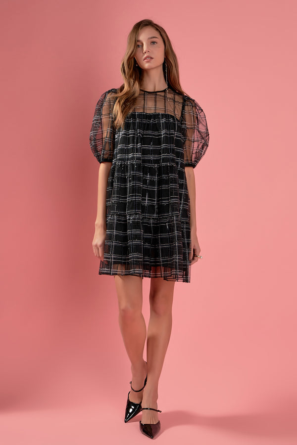 english factory Embroidered Mesh Puff Sleeve Mini Tiered Dress BLACK