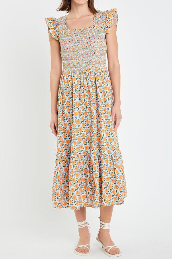 English Factory Embroidered Smocked Midi Dress BLUE/ORANGE