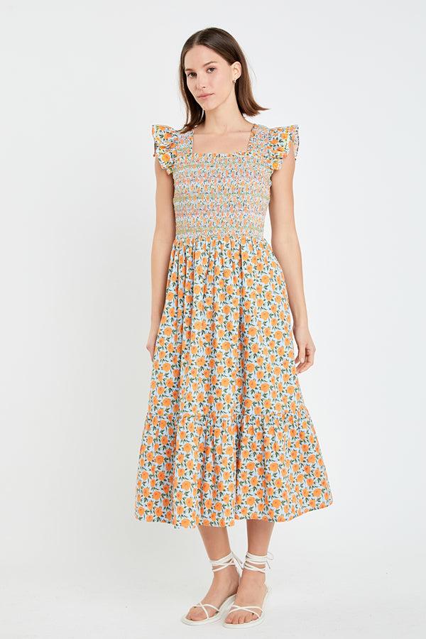 English Factory Embroidered Smocked Midi Dress BLUE/ORANGE