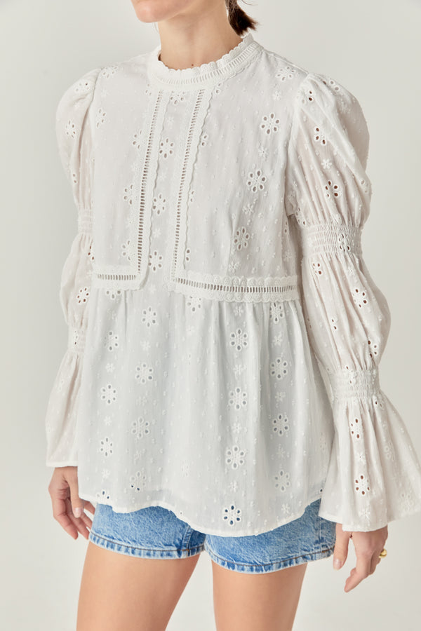 English Factory Embroidered Swiss Dot Ruched Sleeve Top WHITE