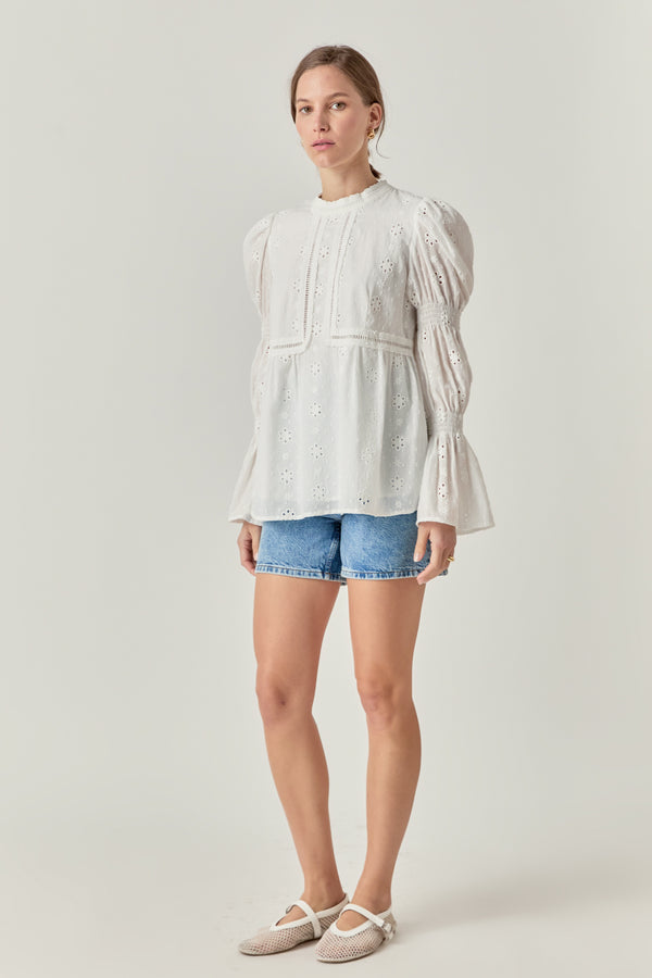 English Factory Embroidered Swiss Dot Ruched Sleeve Top WHITE