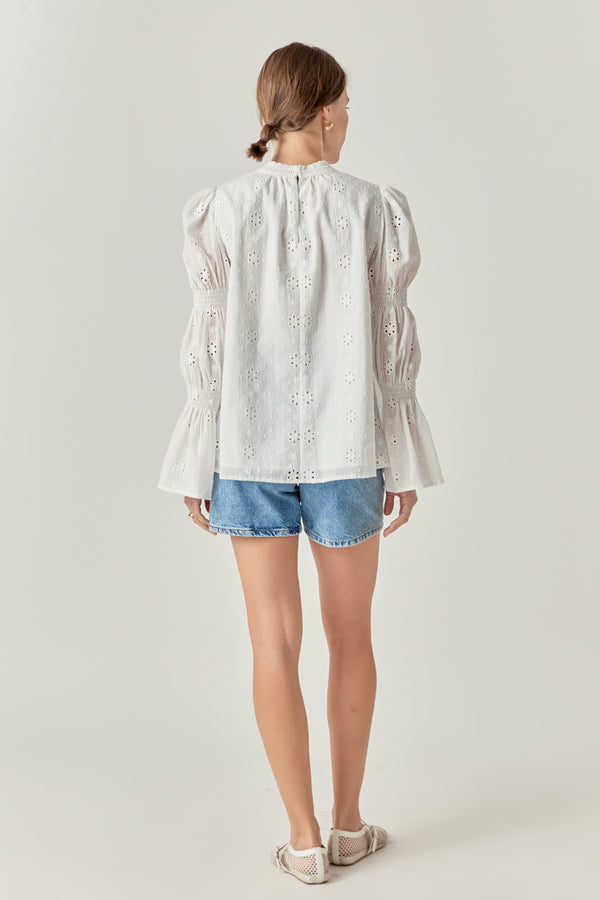 English Factory Embroidered Swiss Dot Ruched Sleeve Top WHITE