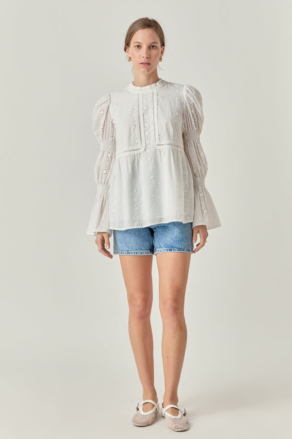 english factory Embroidered Swiss Dot Ruched Sleeve Top WHITE