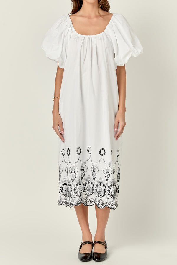 English Factory Embroidery Balloon Sleeve Midi Dress WHITE