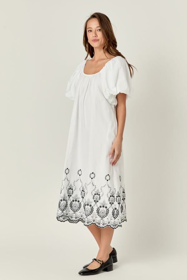 English Factory Embroidery Balloon Sleeve Midi Dress WHITE