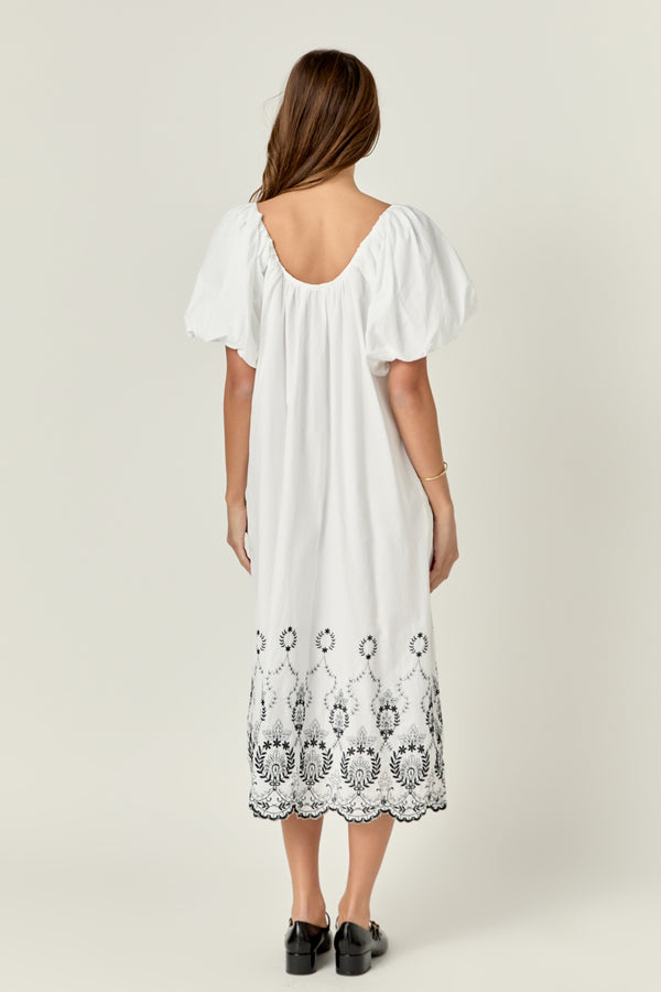 English Factory Embroidery Balloon Sleeve Midi Dress WHITE