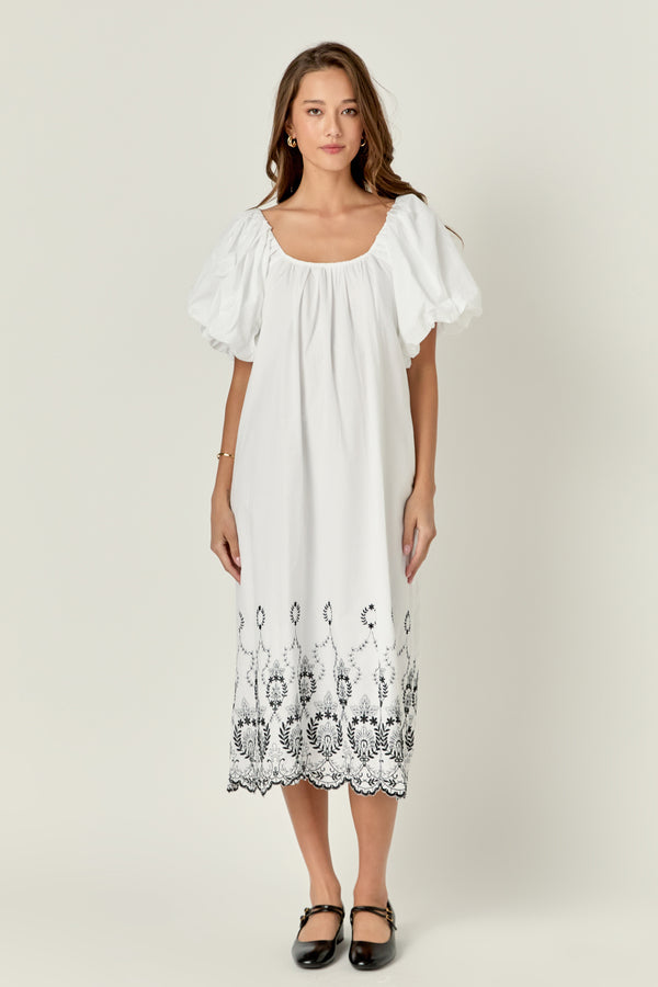 english factory Embroidery Balloon Sleeve Midi Dress WHITE