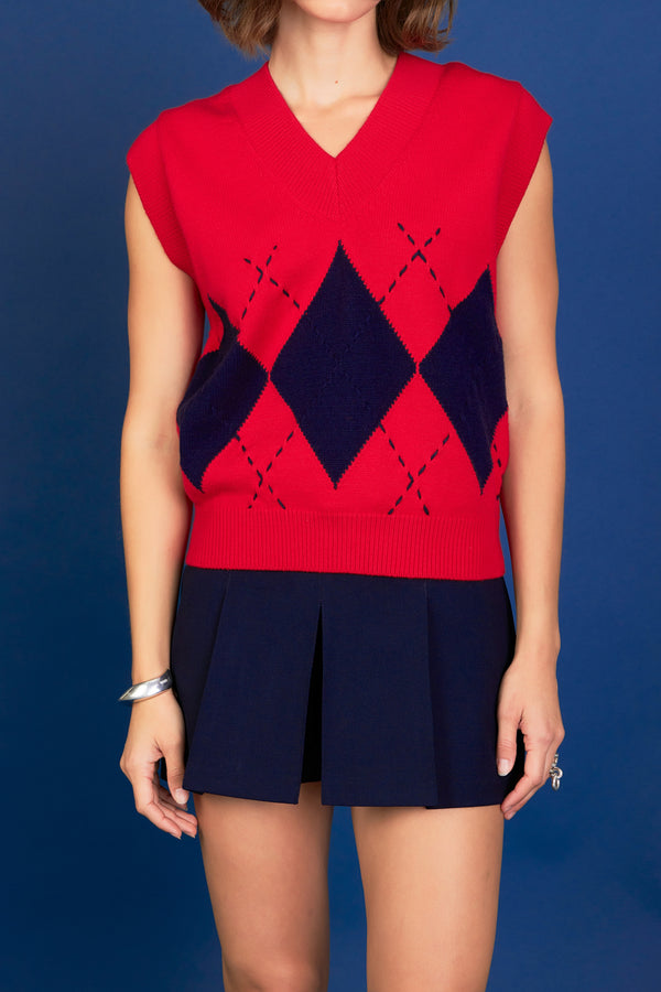 English Factory Argyle Knit V-Neck Vest RED MULTI