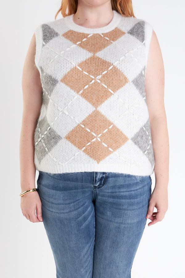 English Factory Argyle Knit Vest - Plus Size WHITE