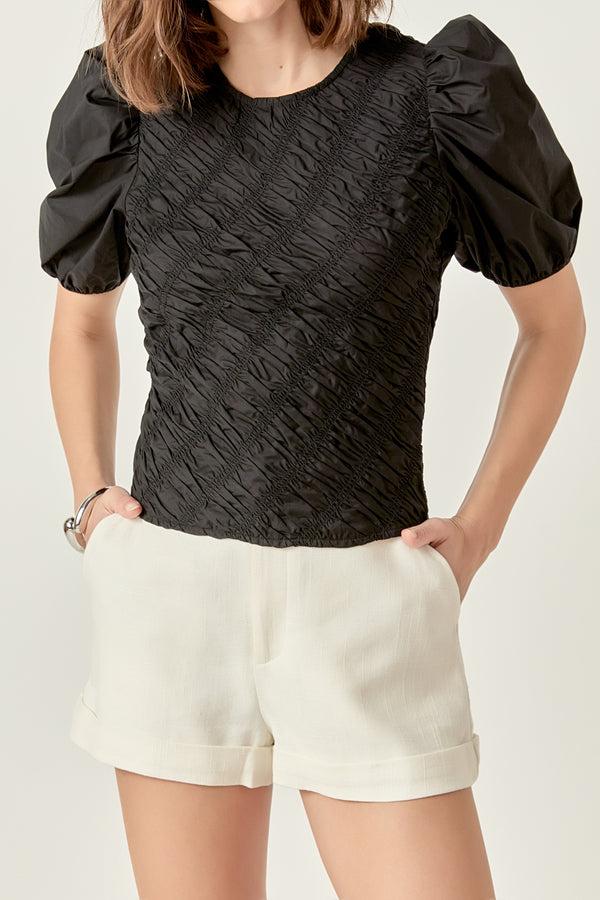 English Factory Asymmetrical Smocked Top BLACK