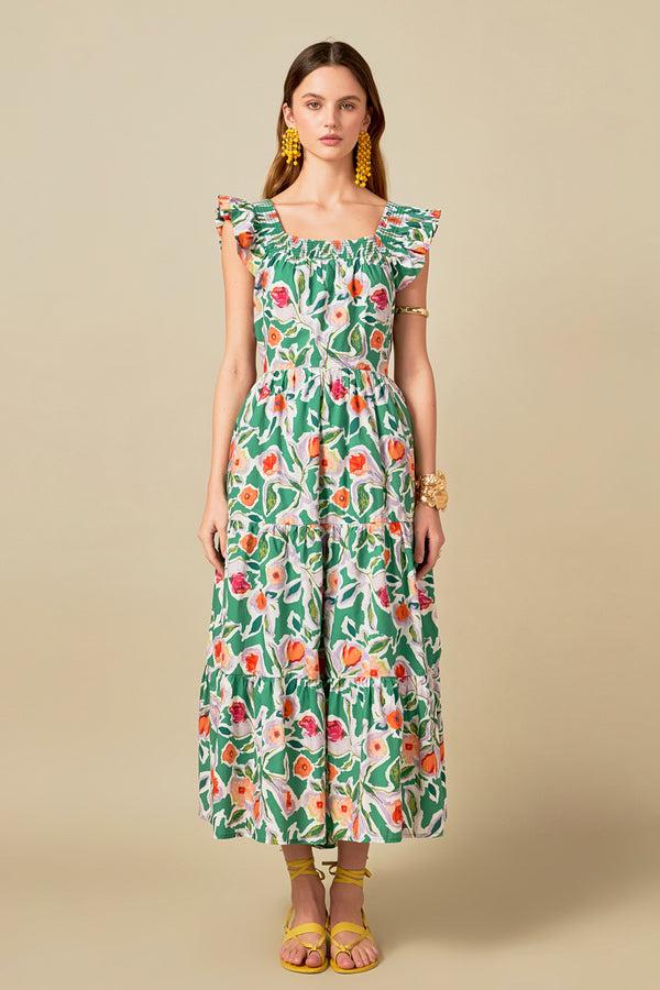 english factory Back Bow Floral Midi Dress MULTI