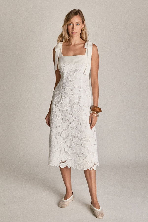 English Factory Bow Belle Lace Midi Dress WHITE