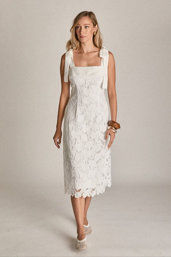 English Factory Bow Belle Lace Midi Dress WHITE