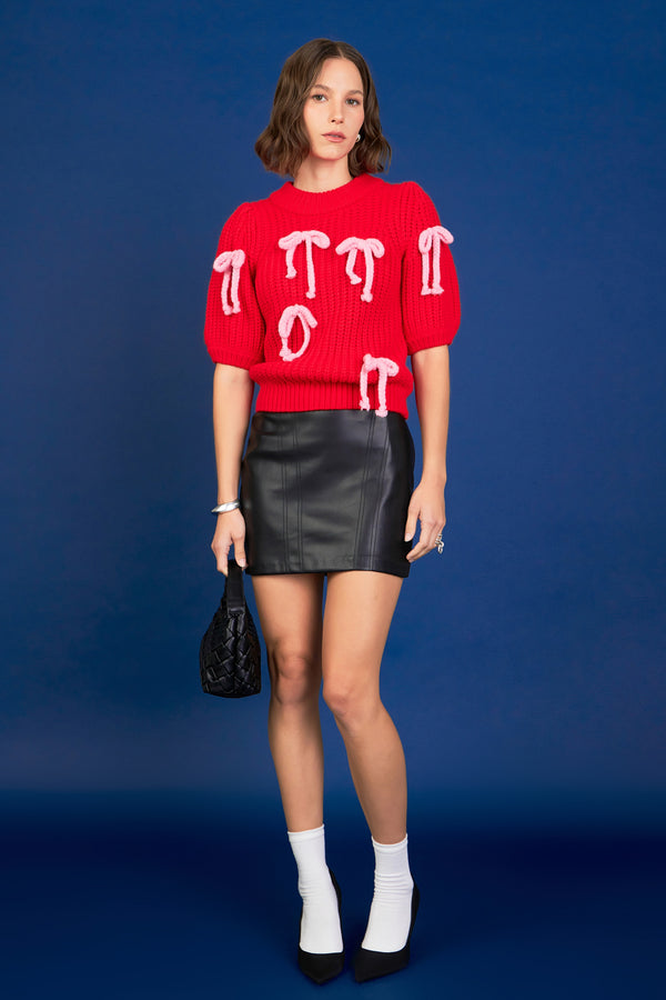 english factory Bow Detailed Puff Sleeves Knit RED