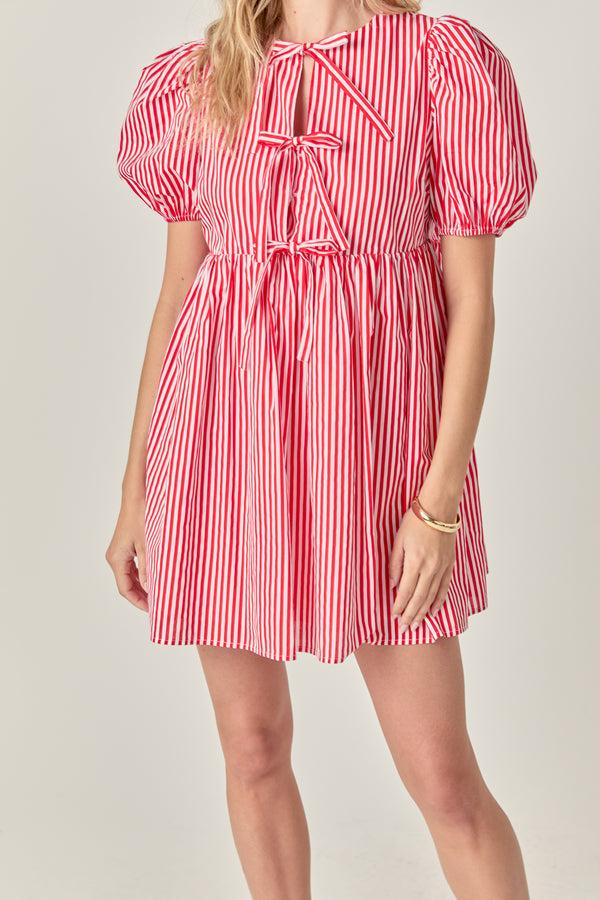 English Factory Bow Tie Puff Sleeve Mini Dress RED