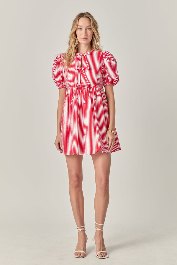 english factory Bow Tie Puff Sleeve Mini Dress RED