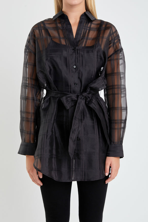 English Factory Check Organza Long Shirt BLACK