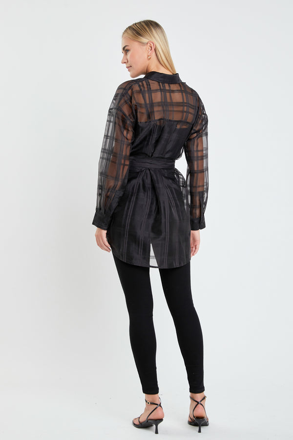 English Factory Check Organza Long Shirt BLACK
