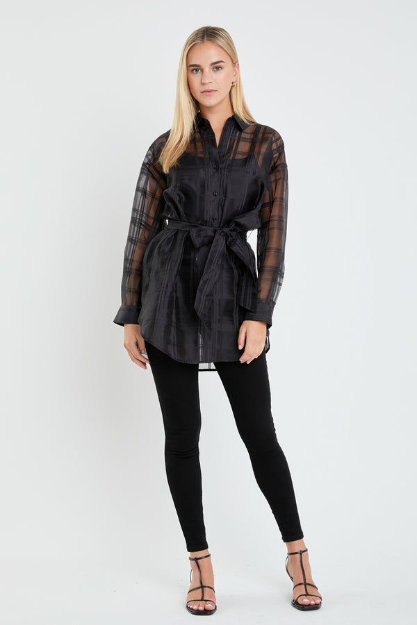 english factory Check Organza Long Shirt BLACK