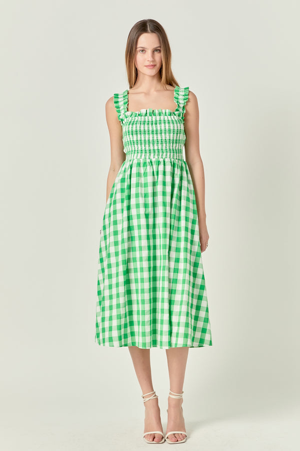 english factory Check Print Smocked Dress ORANGE