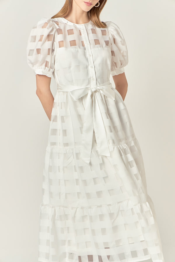 English Factory Check Puff Sleeve Midi Dress WHITE