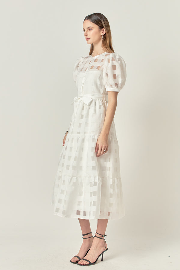 English Factory Check Puff Sleeve Midi Dress WHITE