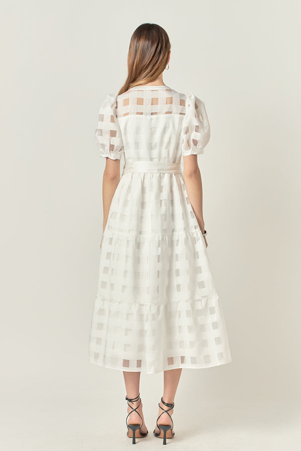 English Factory Check Puff Sleeve Midi Dress WHITE