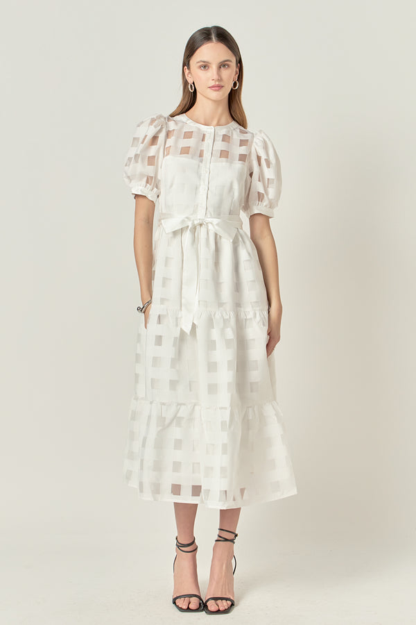 english factory Check Puff Sleeve Midi Dress WHITE
